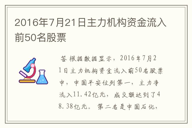 2016年7月21日主力机构资金流入前50名股票