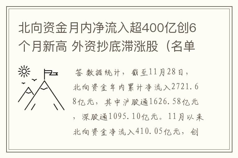 北向资金月内净流入超400亿创6个月新高 外资抄底滞涨股（名单）