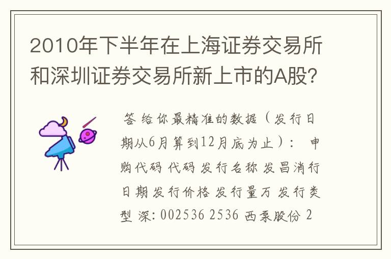 2010年下半年在上海证券交易所和深圳证券交易所新上市的A股？