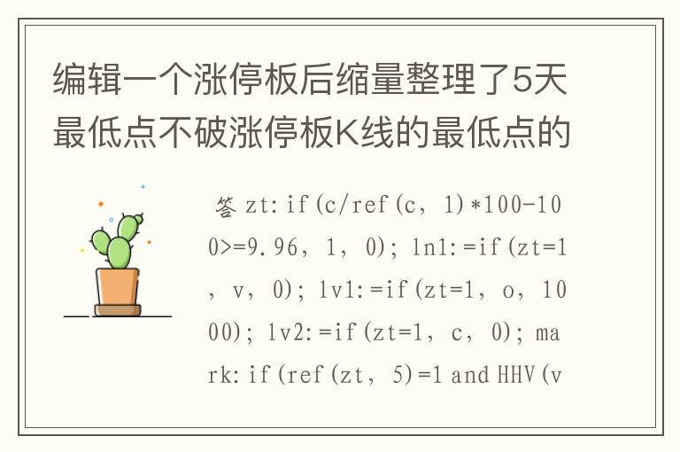 编辑一个涨停板后缩量整理了5天最低点不破涨停板K线的最低点的选股公式